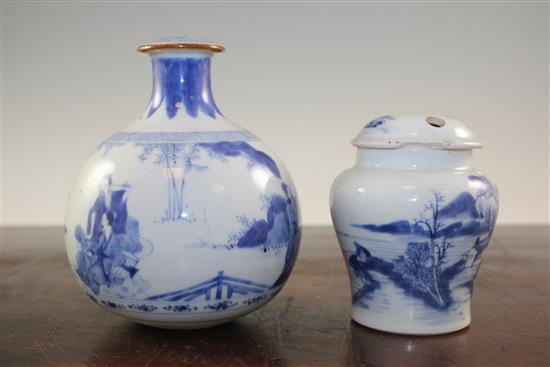 A Chinese blue and white huqqa base and a similar opium pipe base, Kangxi period, 12cm., rim chips